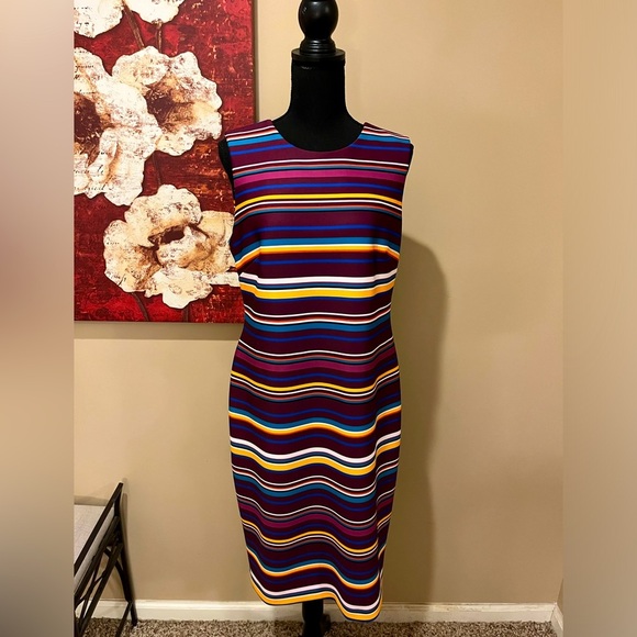 Calvin Klein Scuba Knit Dress,Plum Striped BodyCon Sleeveless City Modern, sz 12 - Picture 1 of 4